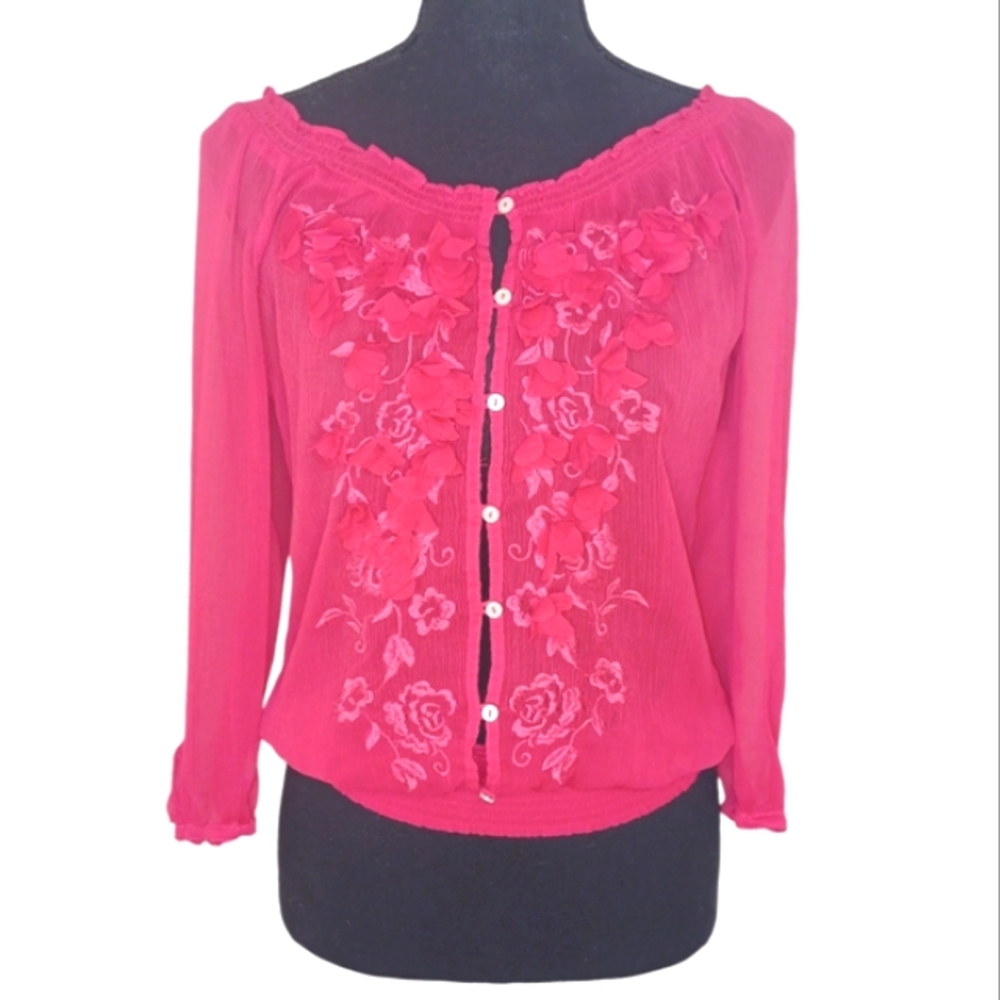 Abercrombie & Fitch Sheer Button Front Embroidered Blouse Top Med Hot Pink Girly